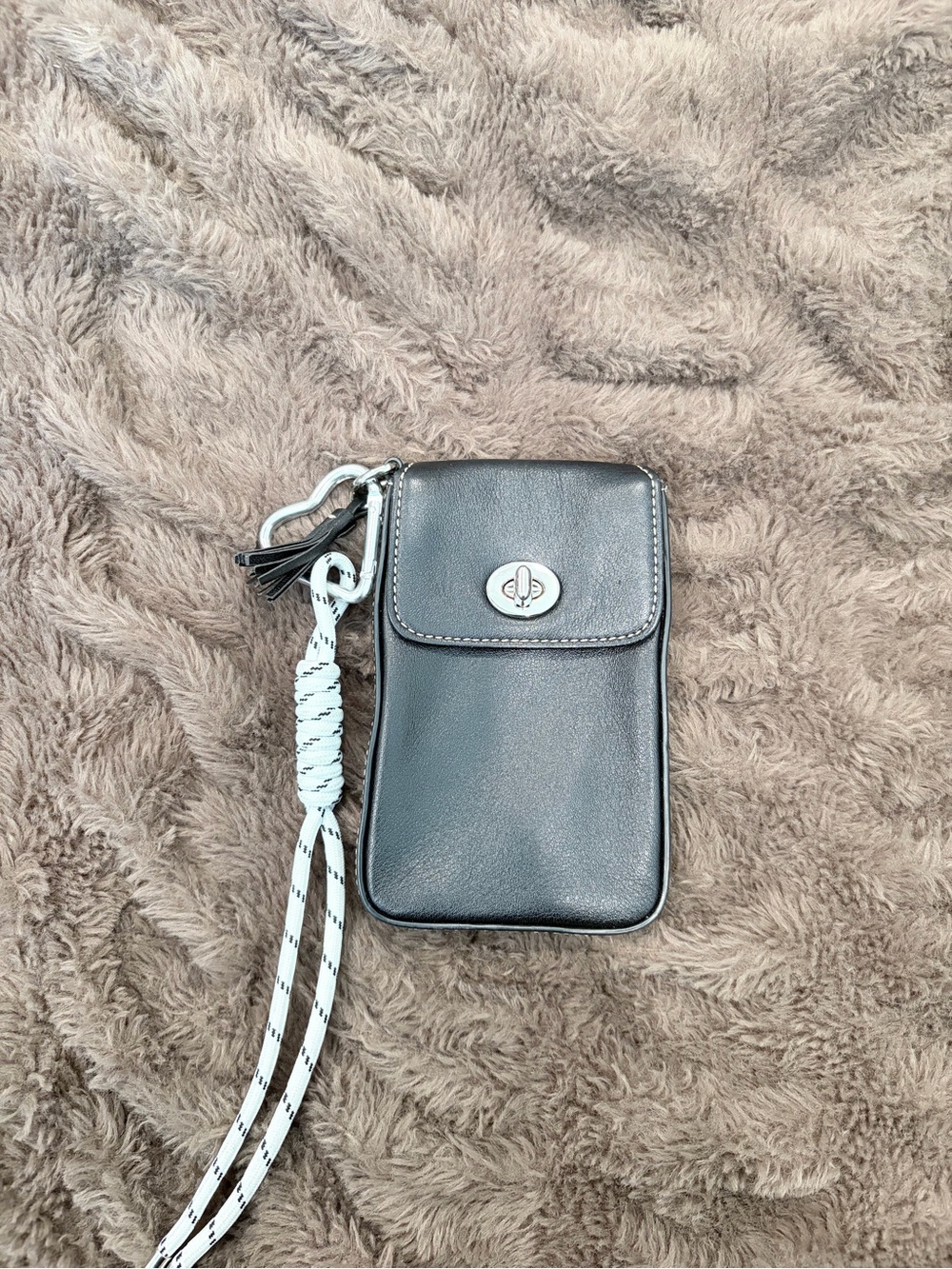 Coach Black Leather Turn-Lock Phone Crossbody with White Strap
